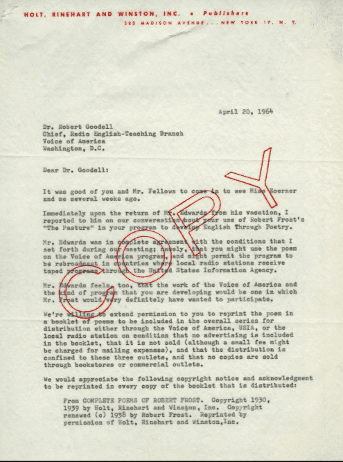 Letter to Dr. Robert Goodell regarding the use of Robert Frost's poetry in the Voice of America Poetry Project. April 20, 1964. <https://www.unlockingtheairwaves.org/document/naeb-b100-f04/#52>