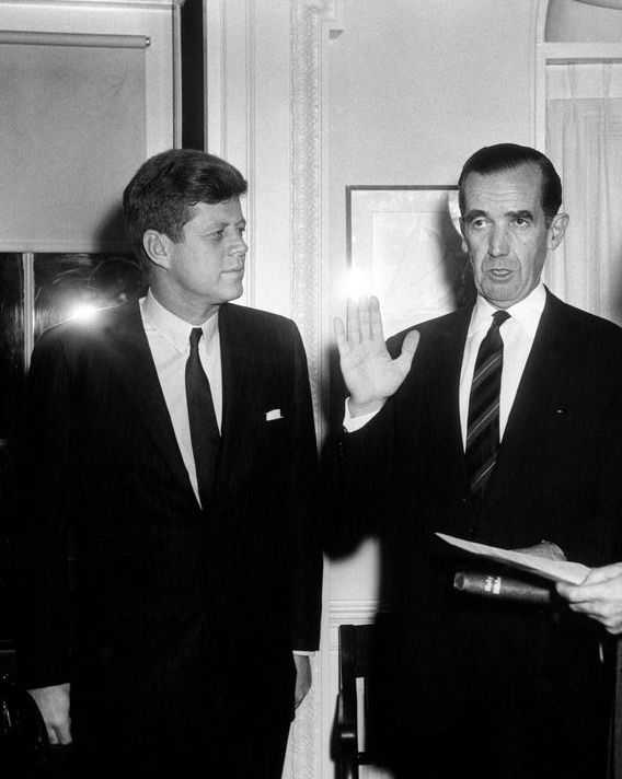 President John F. Kennedy Attends Swearing-in of Edward R. Murrow as Director of the USIA. March 21, 1961.
Abbie Rowe. White House Photographs. John F. Kennedy Presidential Library and Museum, Boston. <https://www.jfklibrary.org/asset-viewer/archives/JFKWHP/1961/Month%2003/Day%2021/JFKWHP-1961-03-21-E>