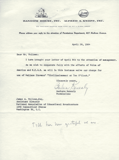 Letter to James A. Fellows regarding the use of Wallace Stevens' poetry in the Voice of America Poetry Project. April 28, 1964. <https://www.unlockingtheairwaves.org/document/naeb-b100-f04/#42>